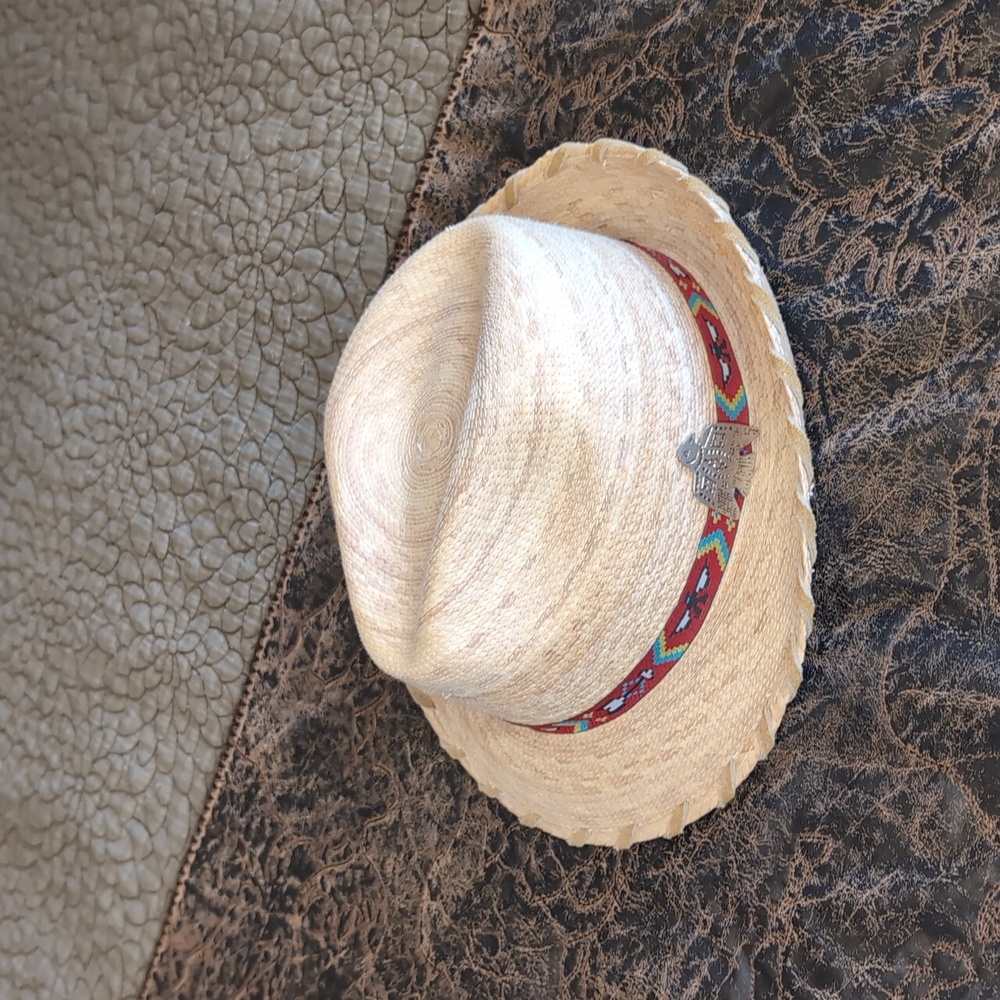 Atwood Straw Hat - Aztec Hat Band - Eagle Pin - Leather Trim - fits like a small